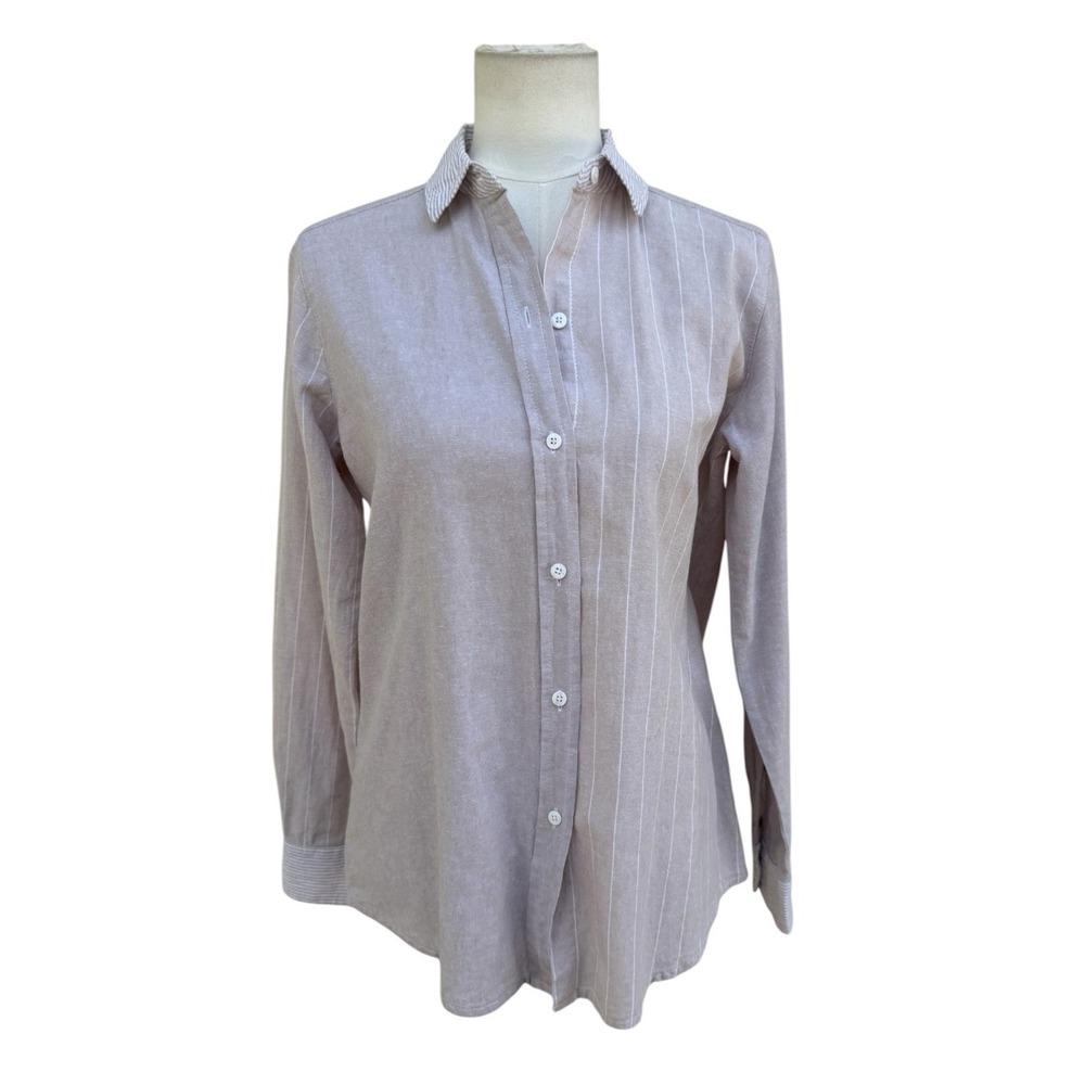 Pure Amici XS Linen Blend Button Front Shirt Beige White Striped Coastal Mens